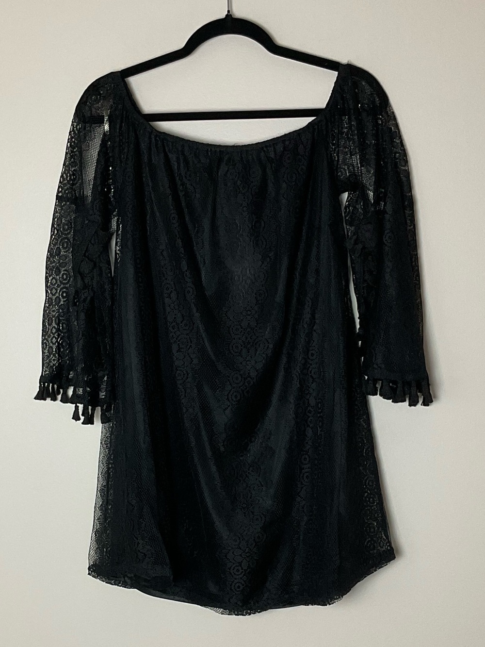 Umgee Black Lace Off-Shoulder Bell Tassled Sleeve Dress Boho Goth Whimsygoth M